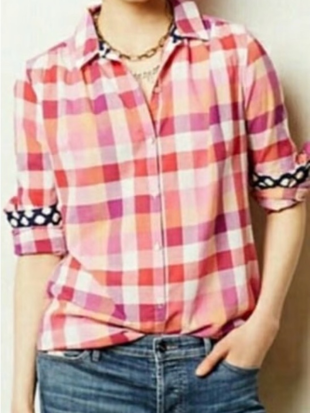 Anthropologie Isabella Sinclair Pink and Peach Plaid Collared Shirt